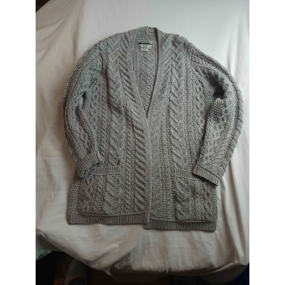 Arancraft Ireland Cardigan Sweater Womens Medium Gray Merino Wool Cable Knit
